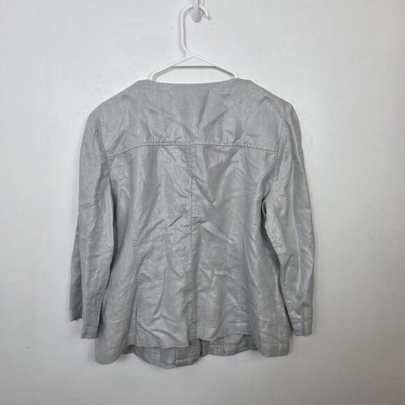 Chico's Silver 100% Linen 3/4 Sleeve Zip Up Quiet Luxury Going Out Jacket Sz 8 - Picture 8 of 9